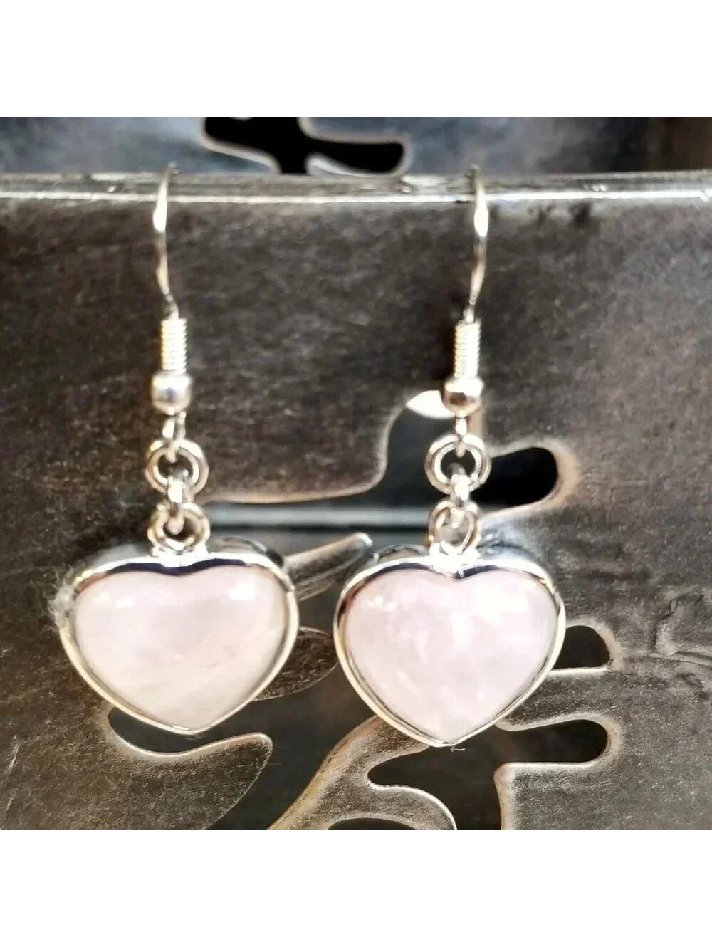 Handcrafted Rose Quartz Heart Gemstone Pendant Dangle Earrings